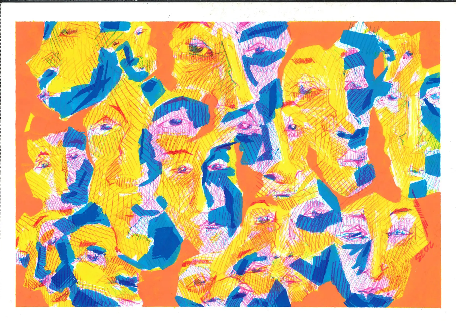 Rostros que relajan 1, CUE-001. Bolígrafo y acrílico, 21 × 14,8 cm.