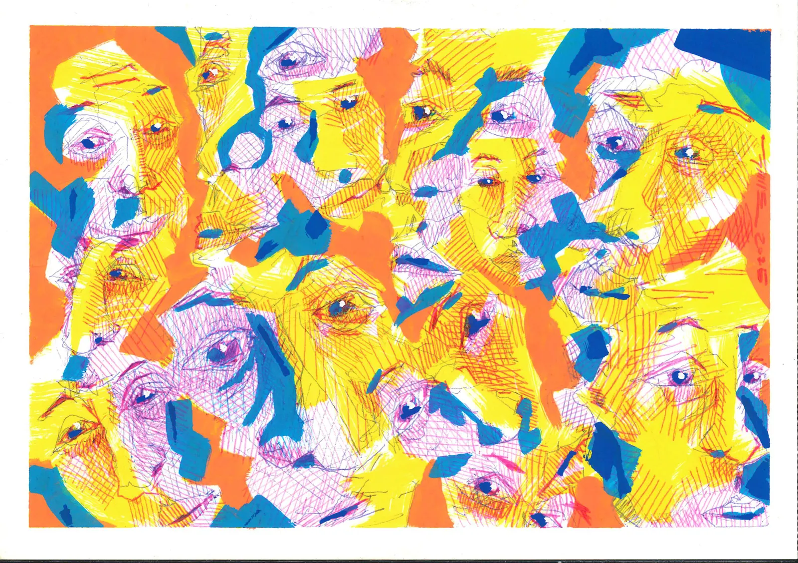 Rostros que relajan 2, CUE-002. Boligrafo y acrílico, 21 × 14,8 cm.