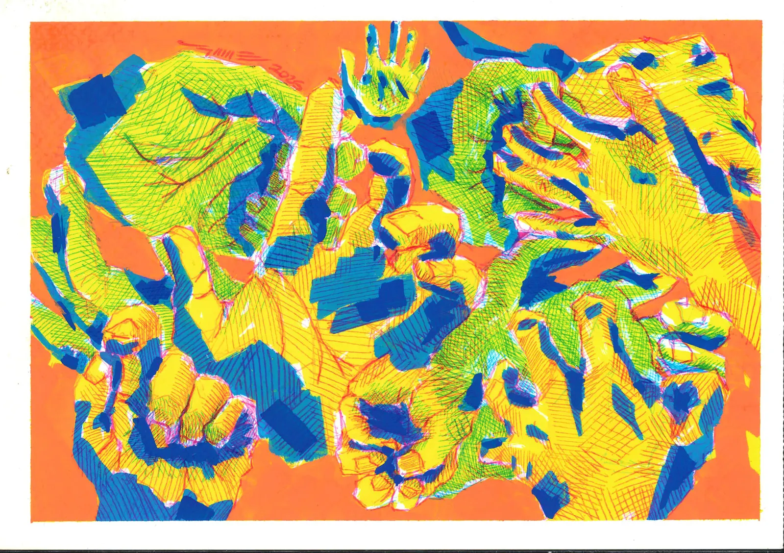 Mis manos, CUE-003. Bolígrafo y Acrílico, 21 × 14,8 cm.