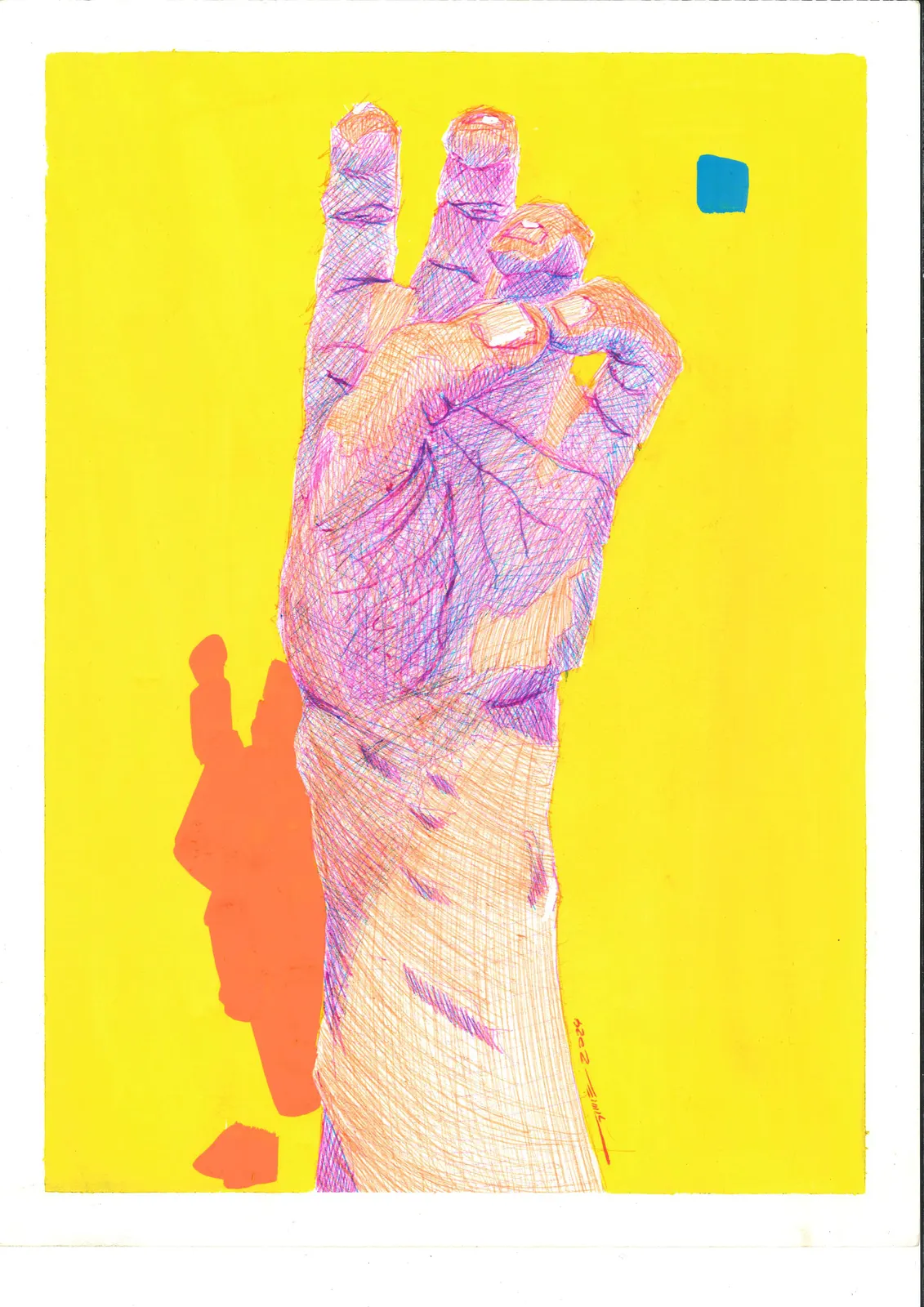 contar con las manos 1, CUE-004. Bolígrafo y acrílico, 21 × 29,7 cm.