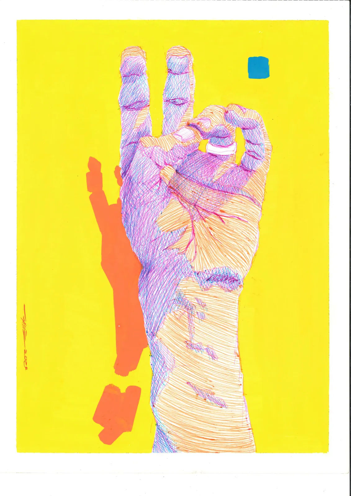 contar con las manos 2, CUE-005. Bolígrafo y acrílico, 21 × 29,7 cm.