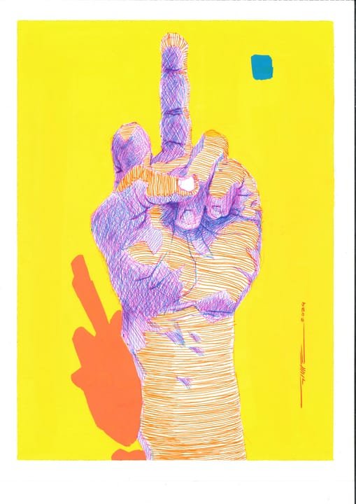 contar con las manos .l., CUE-006. Bolígrafo y acrílico, 21 × 29,7 cm.