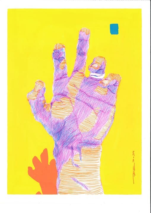 contar con las manos 5, CUE-007. Bolígrafo y acrílico, 21 × 29,7 cm.