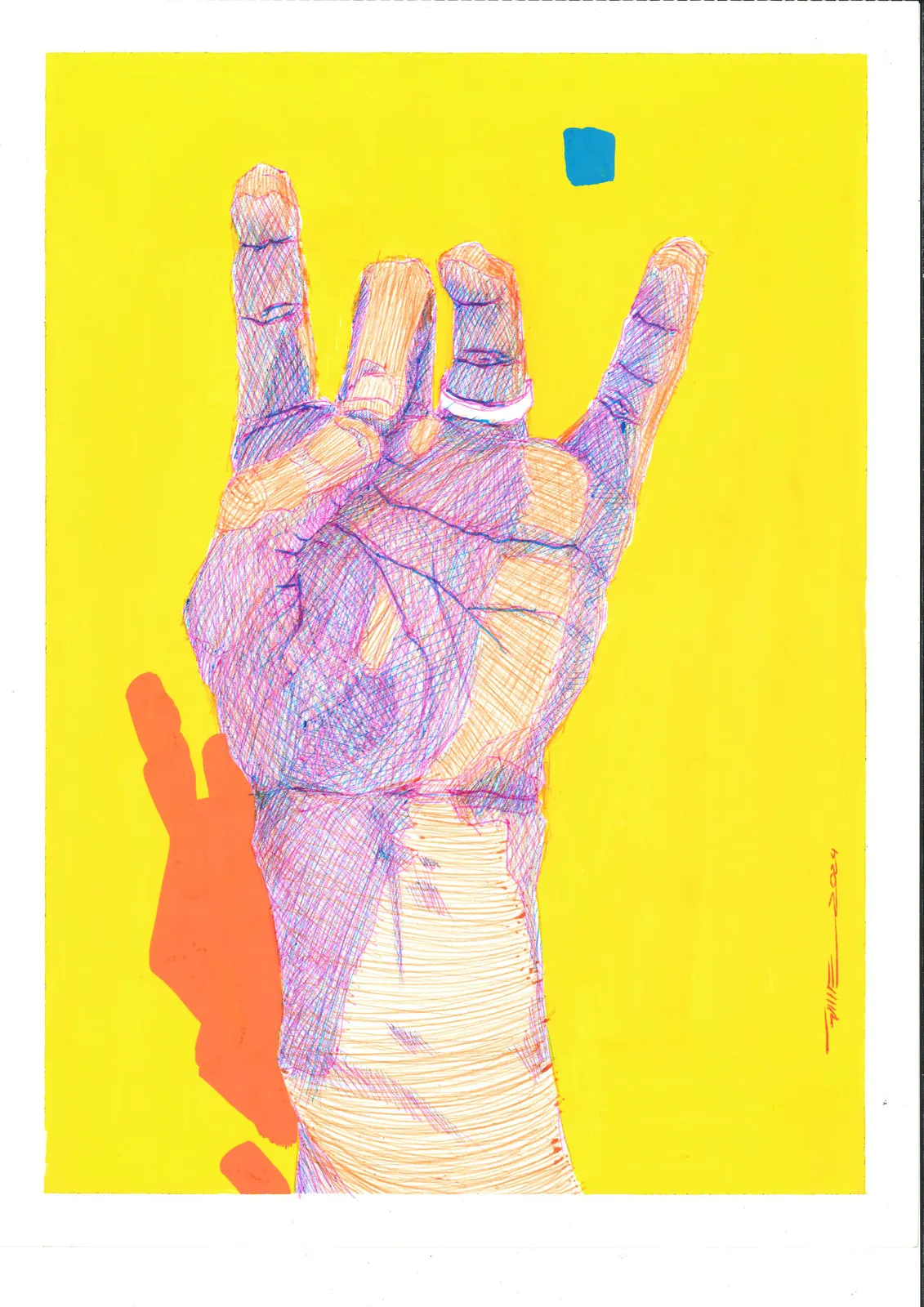 contar con las manos 3, CUE-008. Bolígrafo y acrílico, 21 × 29,7 cm.