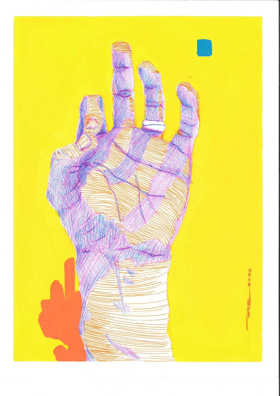 contar con las manos 4, CUE-009. Bolígrafo y acrílico, 21 × 29,7 cm.