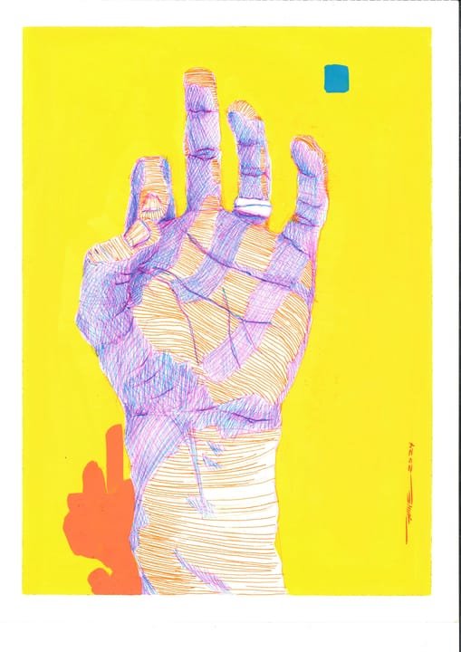 contar con las manos 4, CUE-009. Bolígrafo y acrílico, 21 × 29,7 cm.