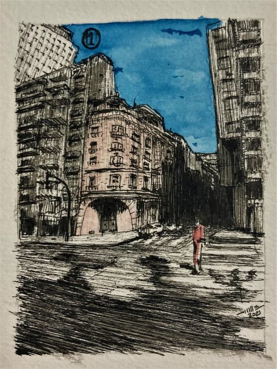 01 Calle Malabia con Avenida Santa Fé, LUG-001. Acuarela y tinta, 7 × 9 cm.