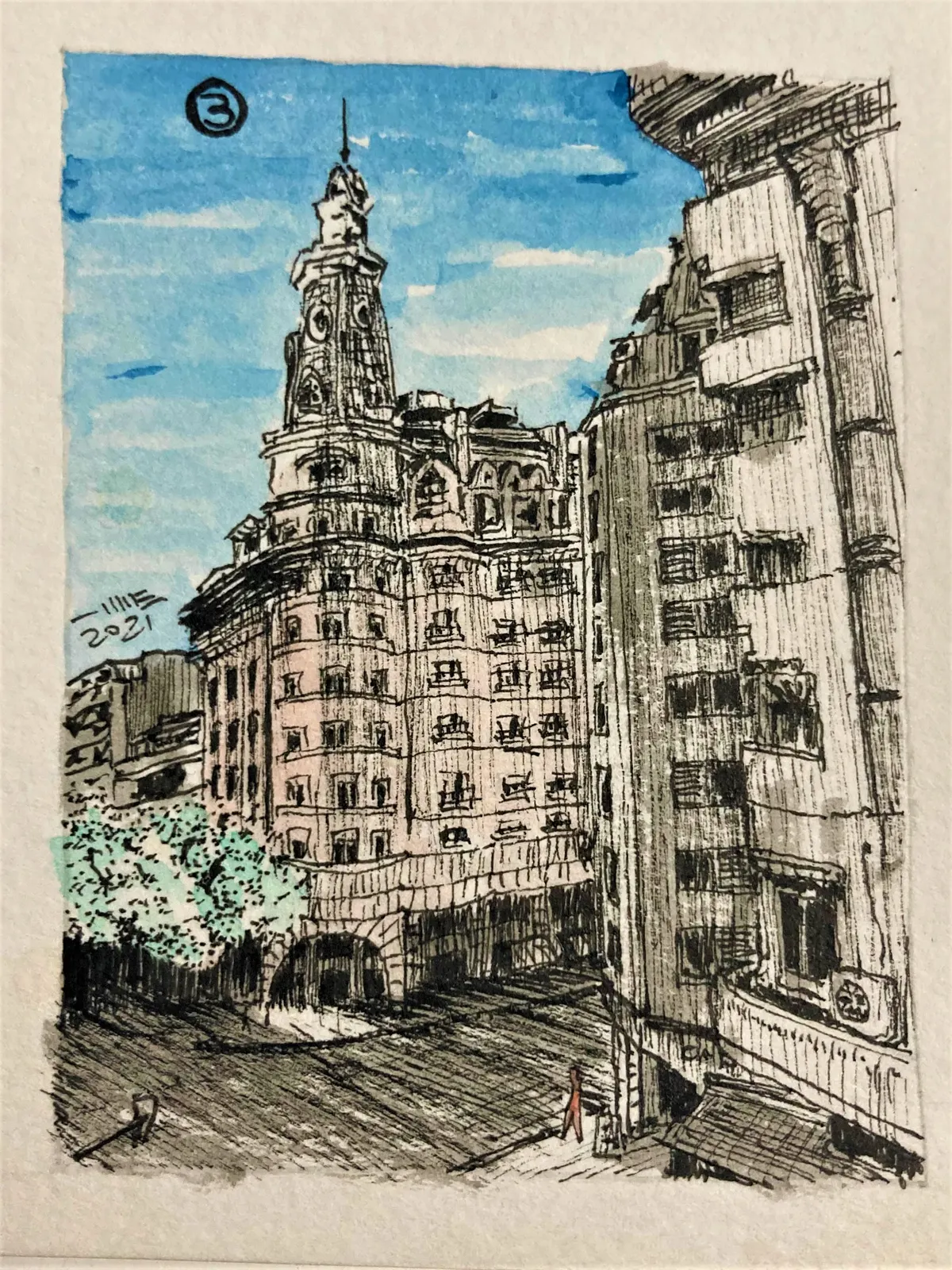 03 Calle la Valle con Av Callao, LUG-003. Acuarela y tinta, 7 × 9 cm.