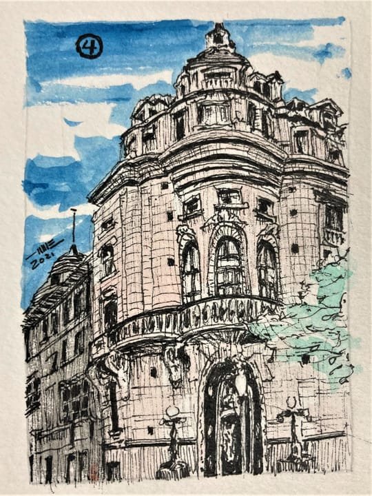04 Centro naval, Calle Florida 801., LUG-004. Acuarela y tinta, 7 × 9 cm.
