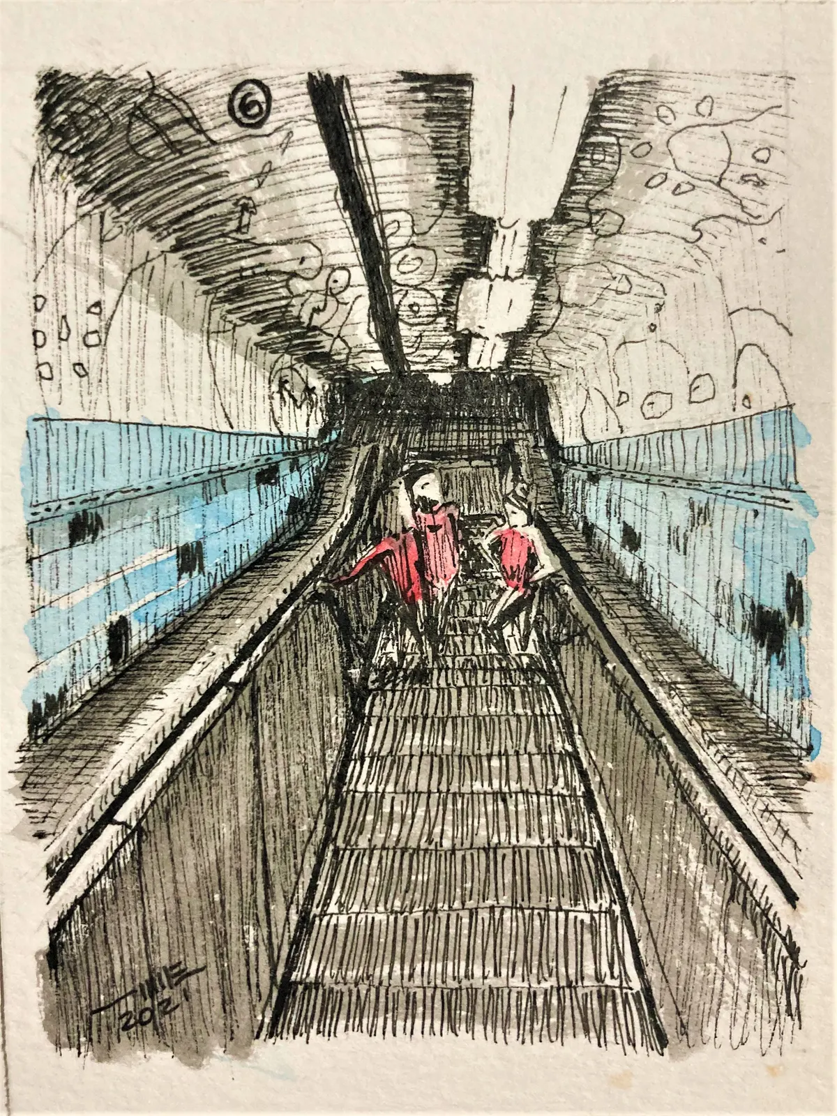 06 Estación de metro: Agüero., LUG-006. Acuarela y tinta, 7 × 9 cm.