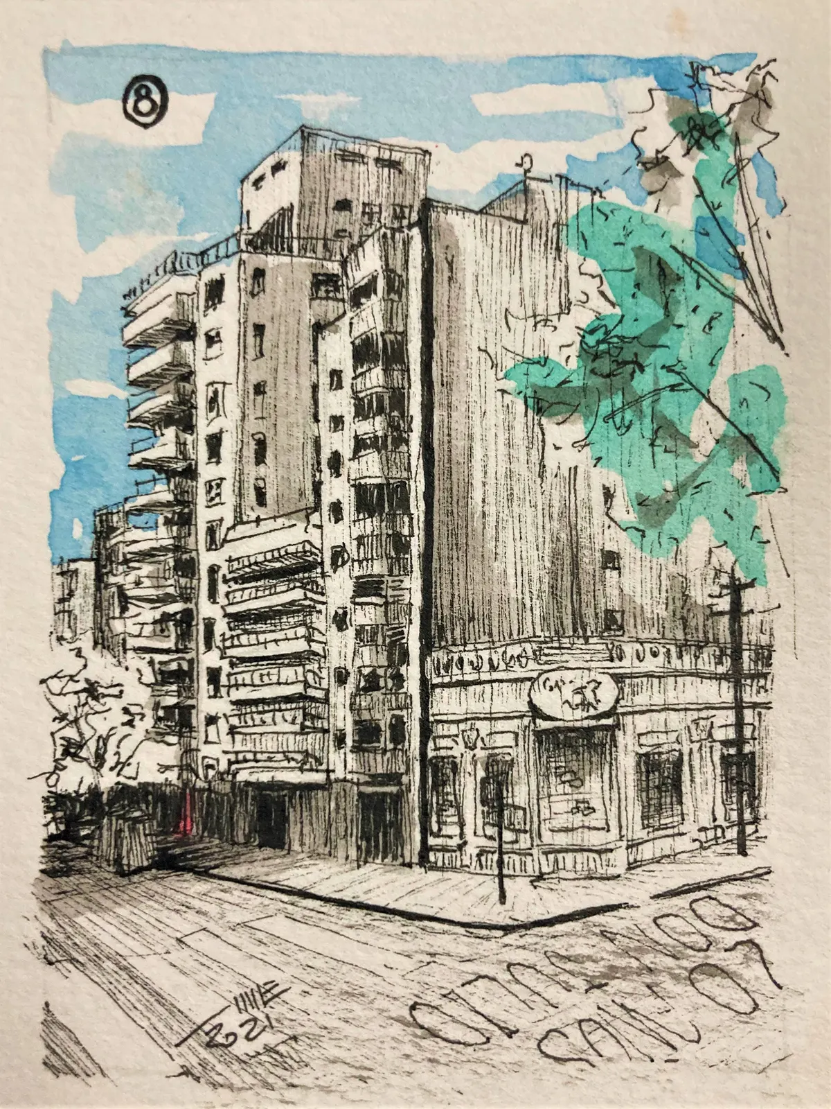 08 Calles Guatemala con Gurruchagas., LUG-008. Acuarela y tinta, 7 × 9 cm.