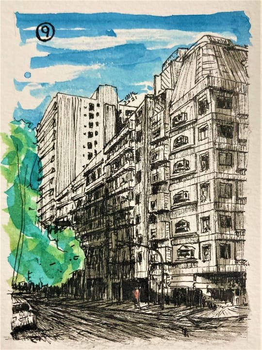 09 Calles Güemes con Thames., LUG-009. Acuarela y tinta, 7 × 9 cm.