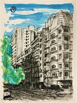09 Calles Güemes con Thames., LUG-009. Acuarela y tinta.