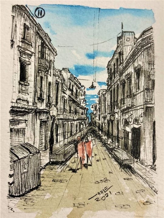 11 Av Independencia con Defensa., LUG-011. Acuarela y tinta, 7 × 9 cm.