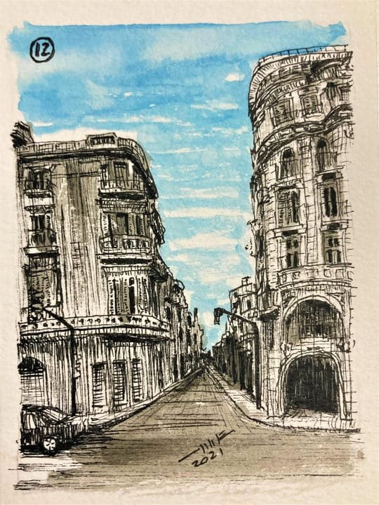 12 Calles Chile con Defensa., LUG-012. Acuarela y tinta, 7 × 9 cm.