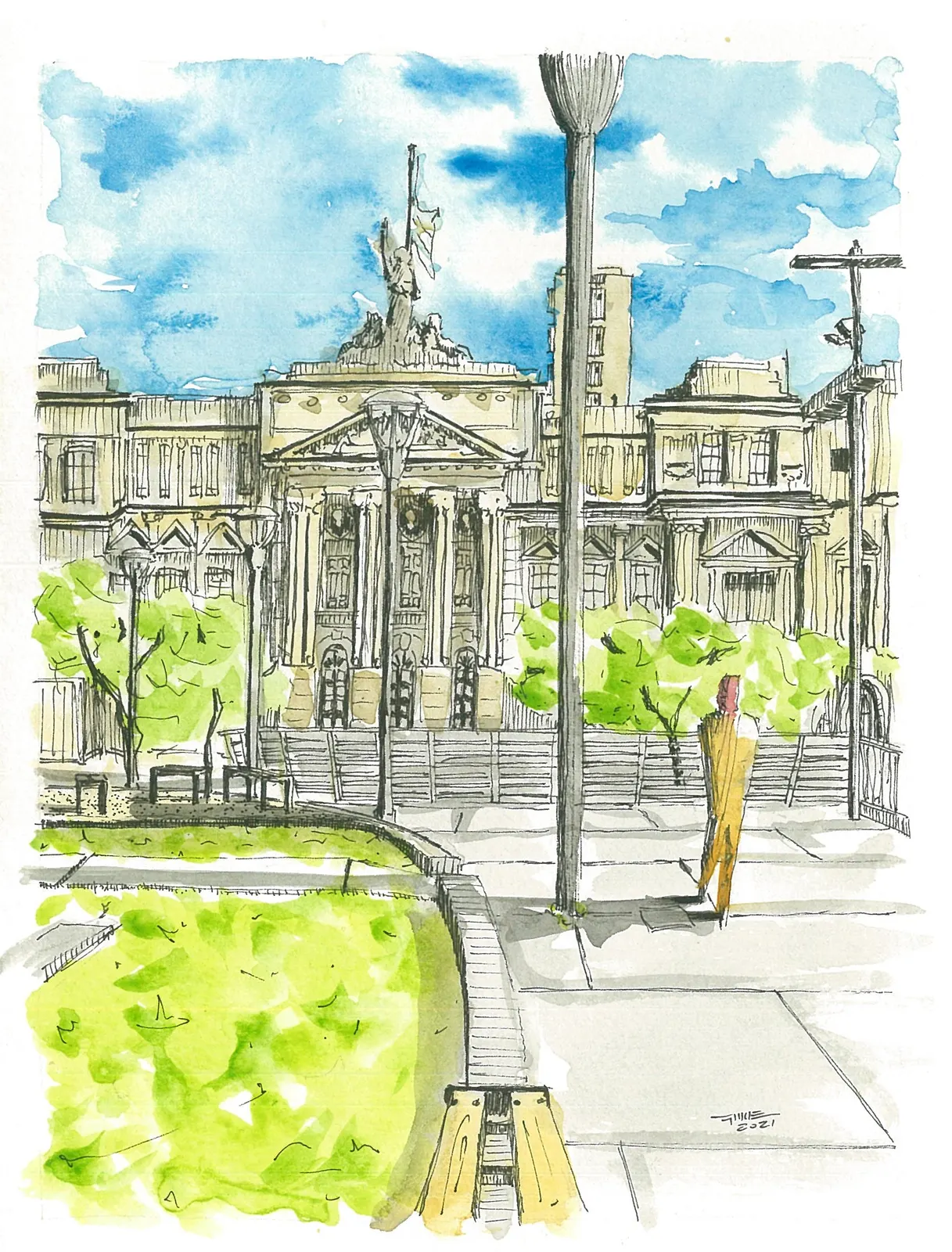 Facultad de medicina UBA - Croquiseros, LUG-015. Acuarela y tinta, 14,8 × 19,5 cm.