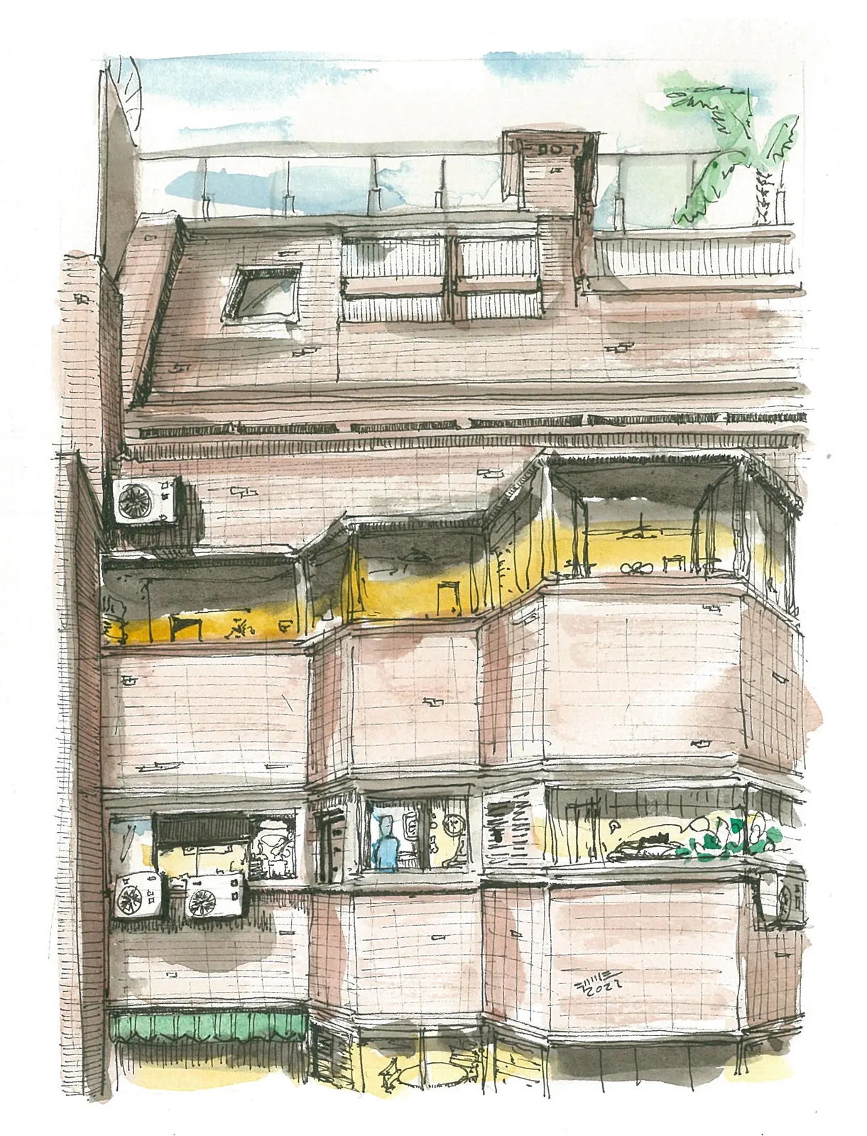 Pintando con croquiseros 2022, LUG-017. Acuarela y tinta, 14,8 × 19,4 cm.