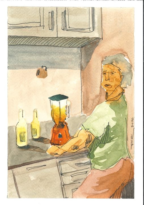 Mamá haciendo ponche crema, PER-004. Acuarela, 14,8 × 21 cm.