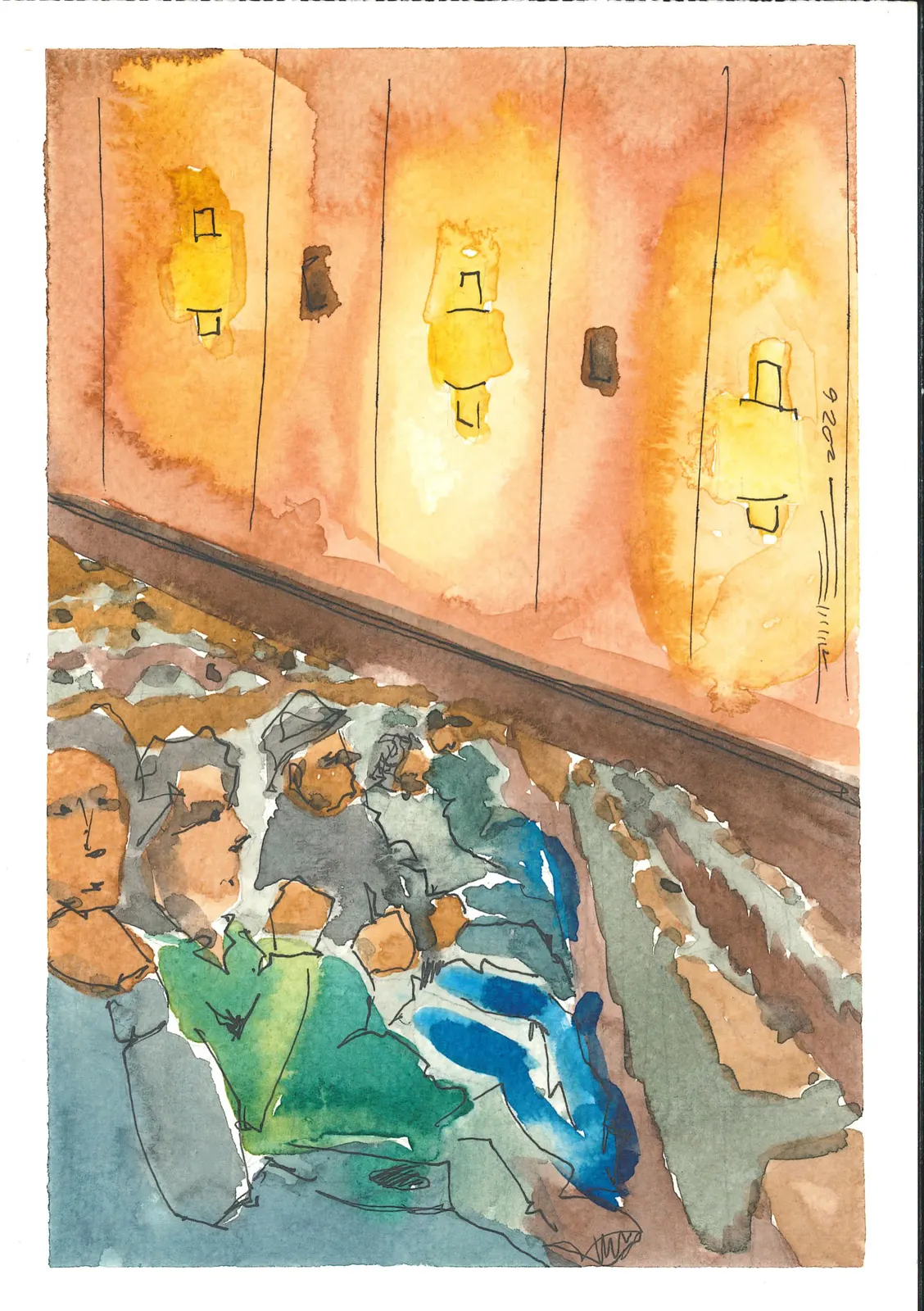 En el cine, viendo The Housemaid., PER-006. Acuarela, 14,8 × 21 cm.