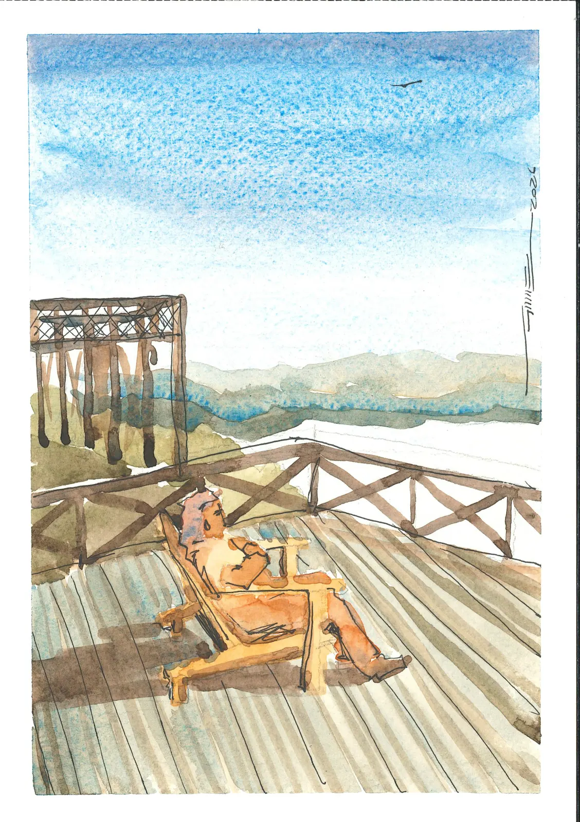 Agarrando sol en la confitería giratoria del Cerro, PER-009. Acuarela, 14,8 × 21 cm.