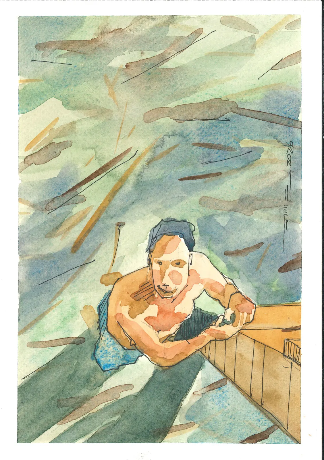 Papá bañándose en Lago Escondido, PER-010. Acuarela, 14,8 × 21 cm.