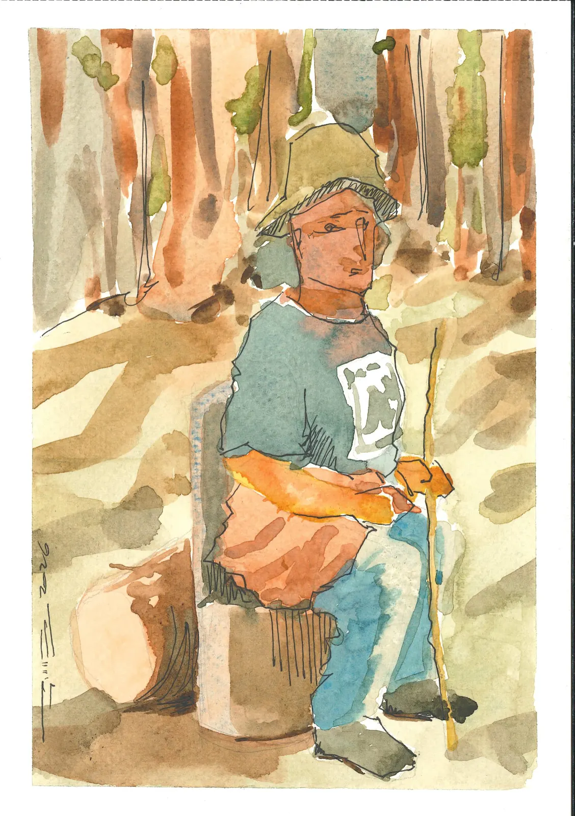 En la caminata hacia el Bosque de los Arrayanes, PER-011. Acuarela, 14,8 × 21 cm.