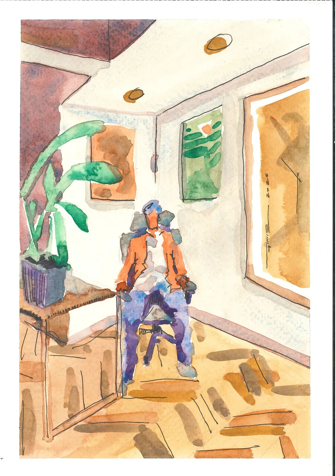 papá sentado en mi silla de trabajo, PER-013. Acuarela y tinta, 14,8 × 21 cm.