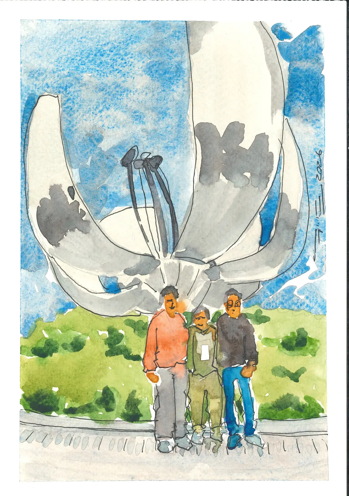 Caminata por la Floralis Genérica, PER-015. Acuarela, 14,8 × 21 cm.