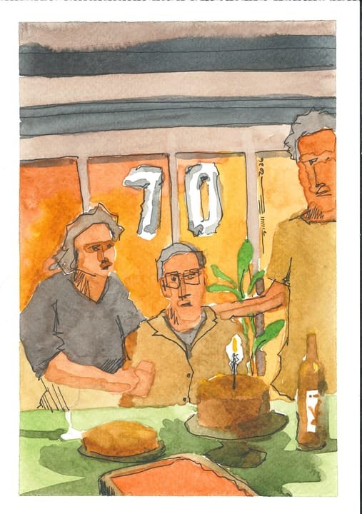 El cumpleaños 70, PER-017. Acuarela y tinta, 14,8 × 21 cm.