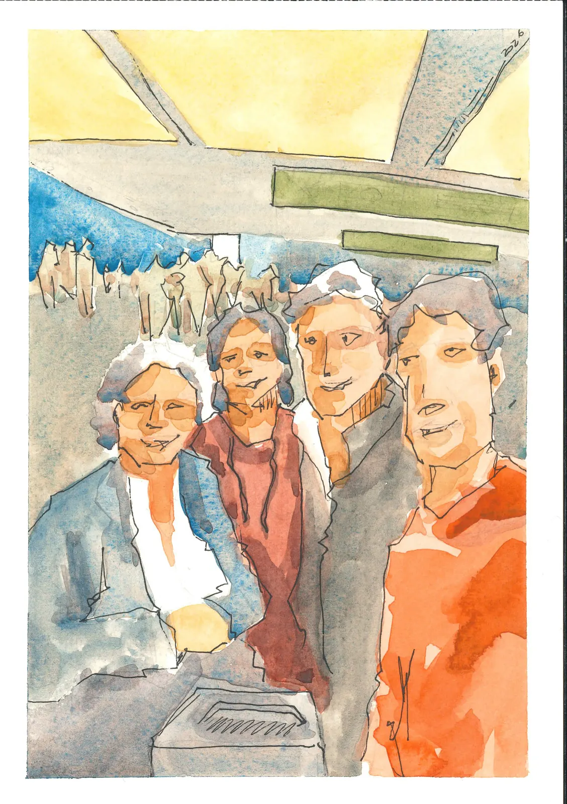 Llegaron a Ezeiza, PER-018. Acuarela y tinta, 14,8 × 21 cm.
