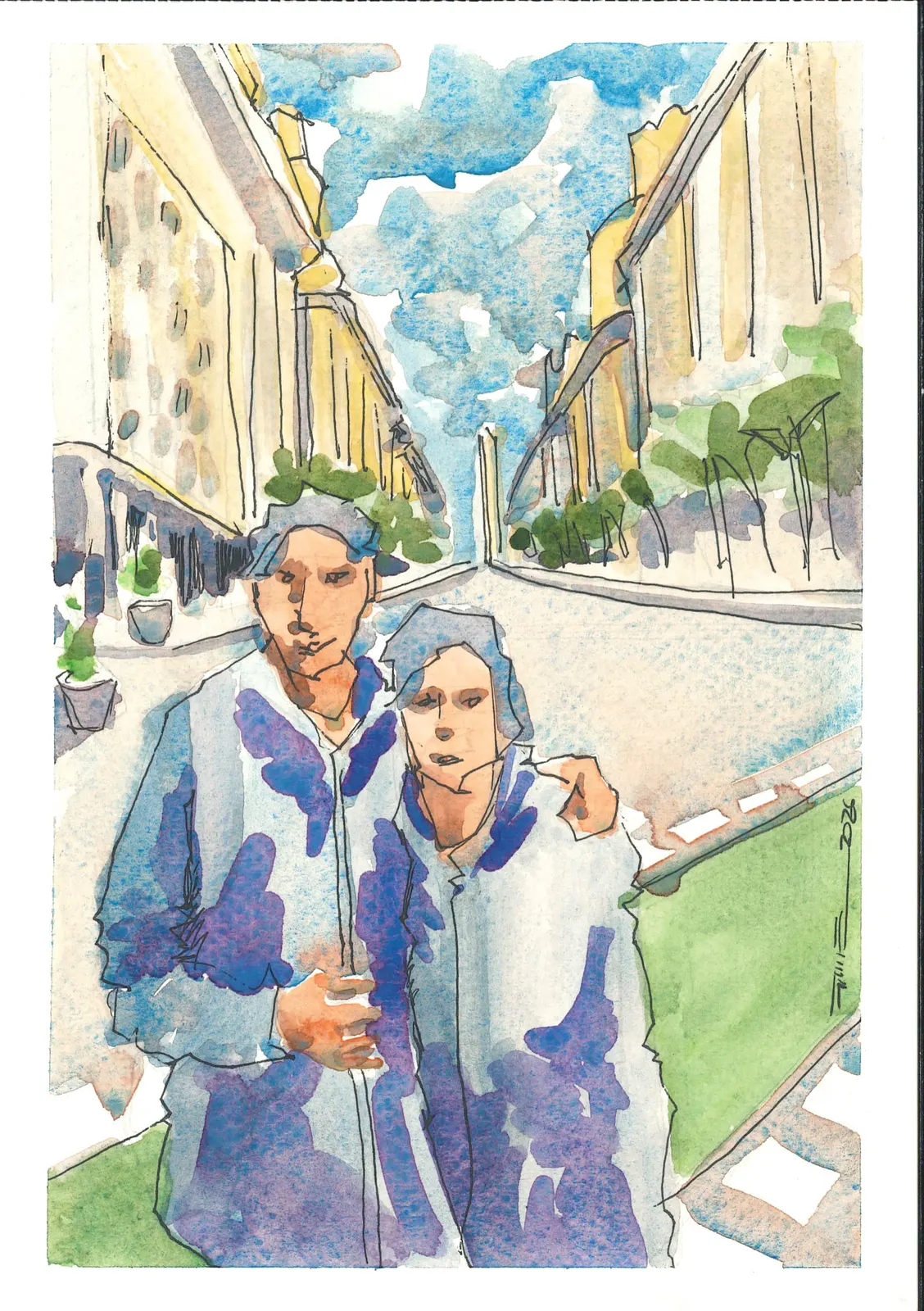 Posando con el Obelisco al fondo, PER-020. Acuarela y tinta, 14,8 × 21 cm.