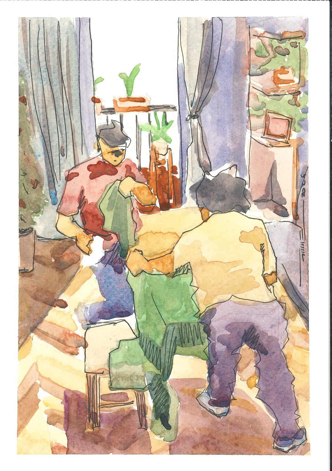 Haciendo hallacas en casa de Yorelis, PER-022. Acuarela y tinta, 14,8 × 21 cm.