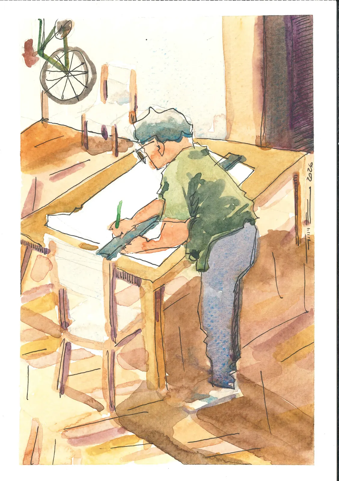 Cortando un patrón para coser, PER-023. Acuarela y tinta, 14,8 × 21 cm.