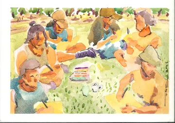 Dibujando en el parque las Heras 1, SOC-002. Acuarela y tinta.