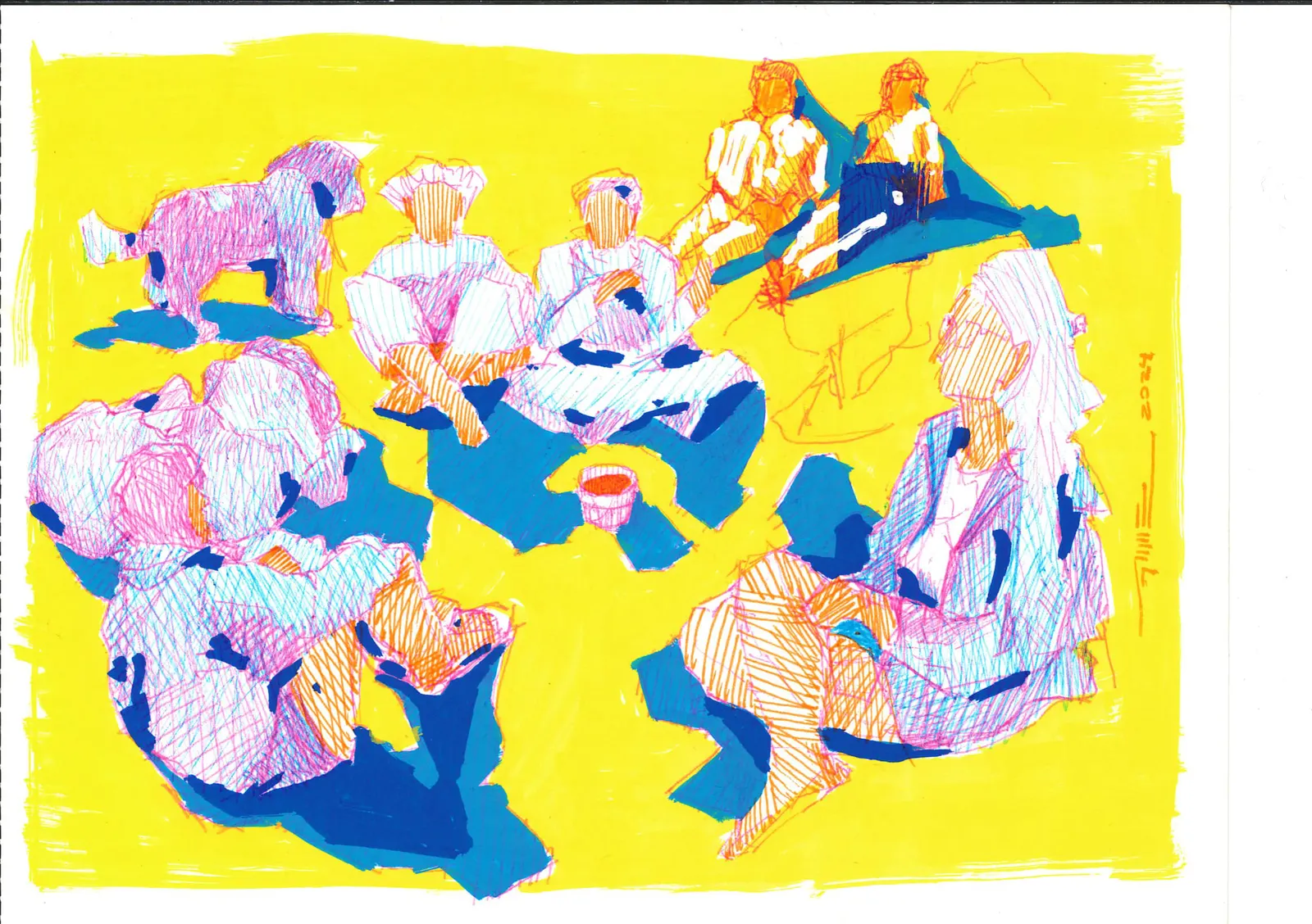 Conversaciones de reflexión 2, SOC-004. Bolígrafo y marcador acrílico, 21 × 14,8 cm.