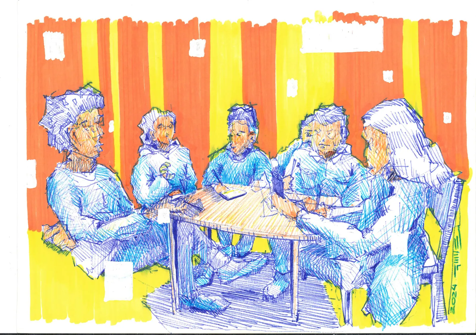 Conversaciones de reflexión 3, SOC-005. Bolígrafo y marcador acrílico, 21 × 14,8 cm.