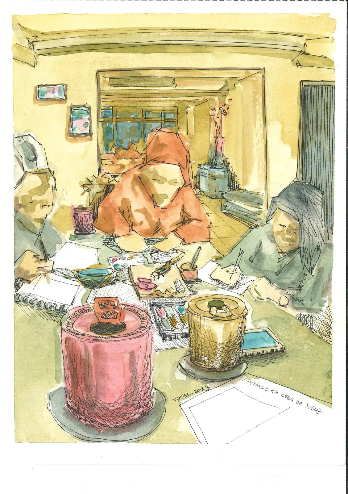 Pintando en casa de Yore, SOC-008. Acuarela y tinta, 14,8 × 21 cm.