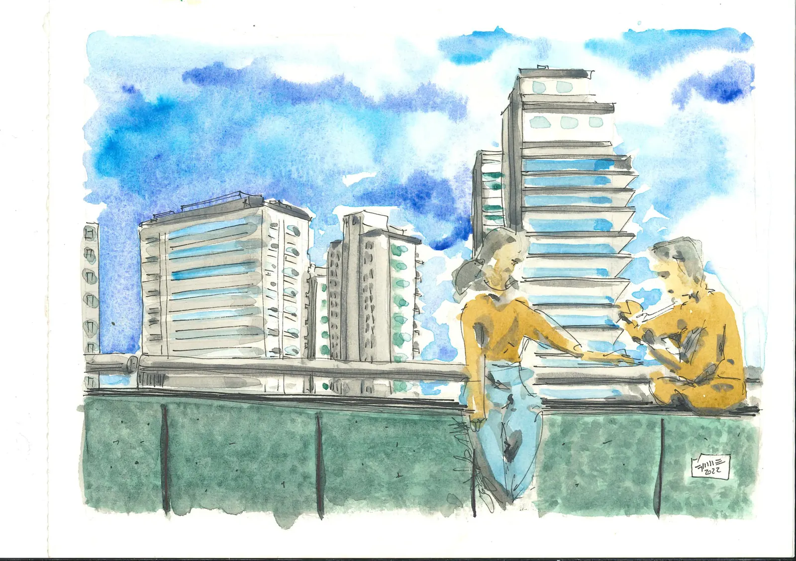 Salida con Croquiseros Urbanos #130 – Julio y Emma, SOC-009. Acuarela y tinta, 21 × 14,8 cm.