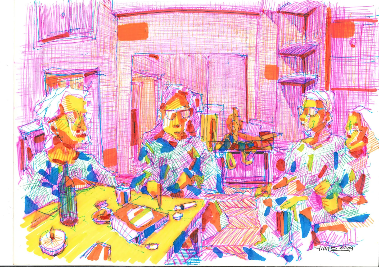 Conversaciones de reflexión 7 - Mudanza, SOC-012. Bolígrafo y marcador acrílico, 21 × 14,8 cm.