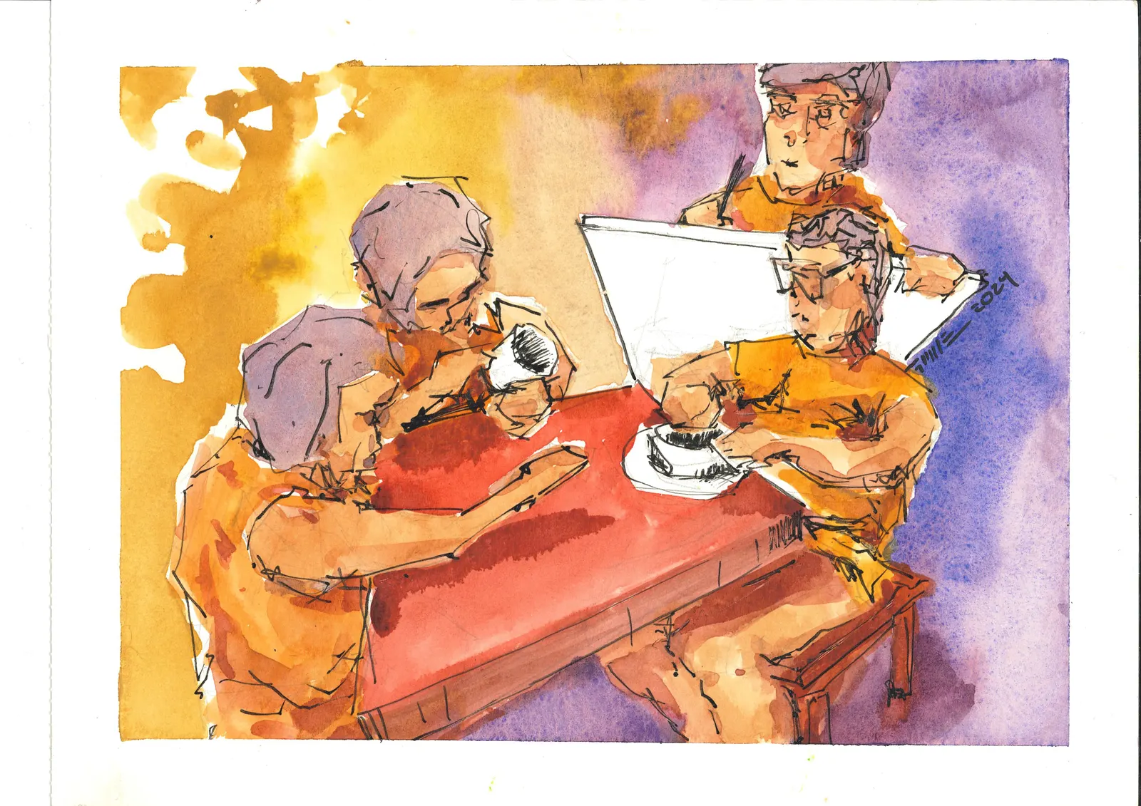 Conversaciones de reflexión 8 - clase de cerámica, SOC-014. Acuarela y tinta, 21 × 14,8 cm.