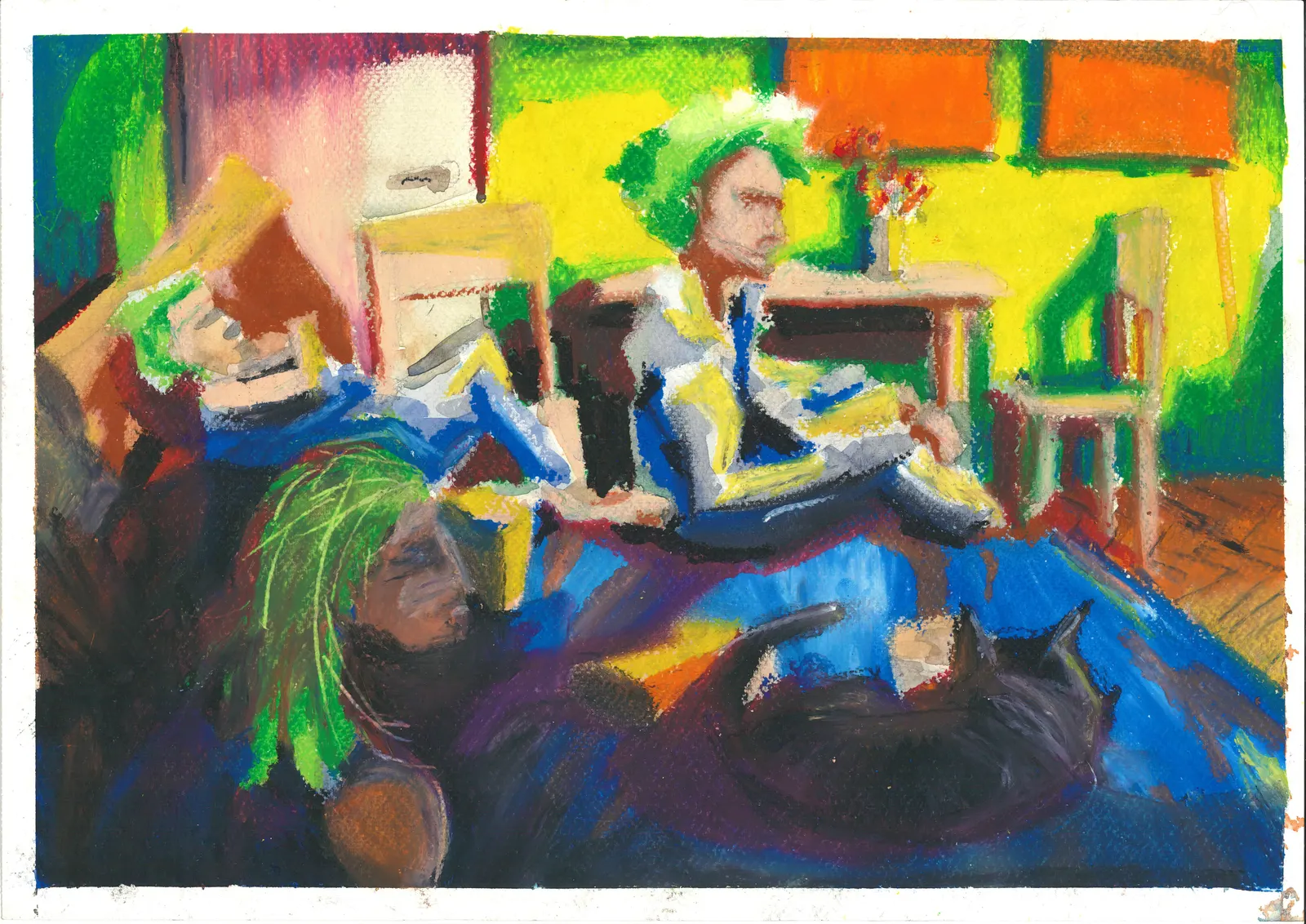 Mirando una pelicula, SOC-016. Óleo pastel, 42 × 29,7 cm.