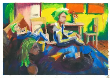 Mirando una pelicula, SOC-016. Óleo pastel.