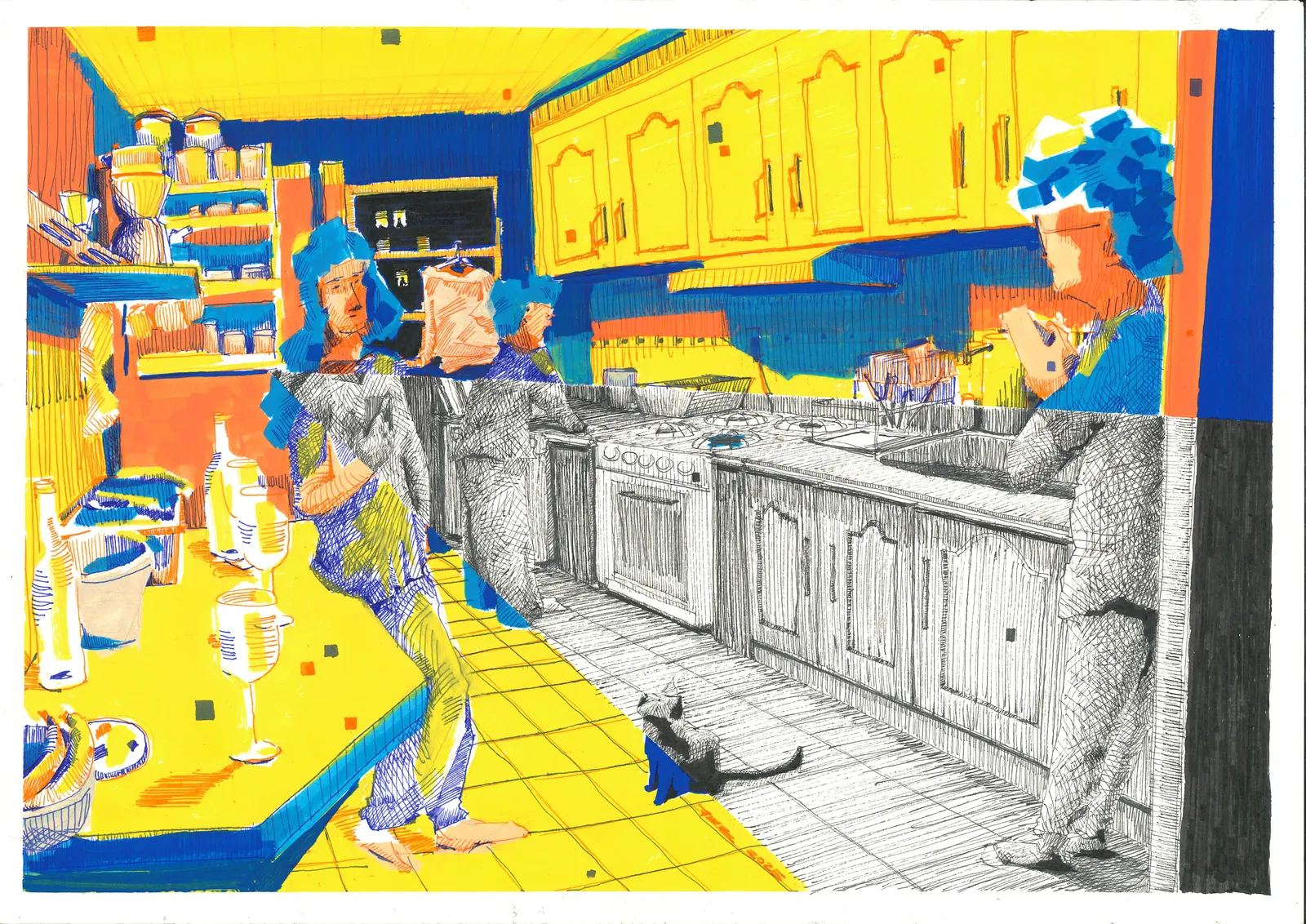 Conversaciones de reflexión 9 - cocina, SOC-017. Acrílico y tinta, 42 × 29,7 cm.