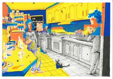 Conversaciones de reflexión 9 - cocina, SOC-017. Acrílico y tinta.