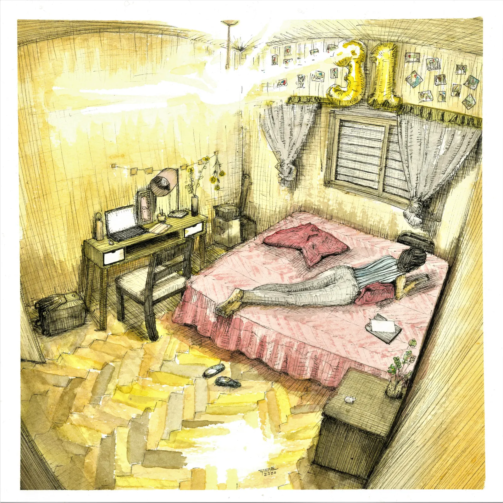 All day long, SOC-018. Acuarela y tinta, 23,1 × 23,1 cm.