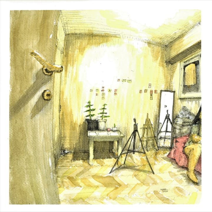 The painting room, SOC-020. Acuarela y tinta, 23,3 × 23,3 cm.