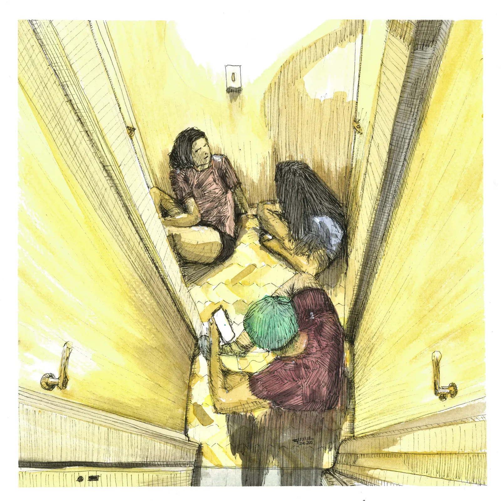 To talk & share, SOC-022. Acuarela y tinta, 23,3 × 23,3 cm.